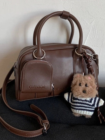 Women Retro PU Leather Boston Pillow Bag Small Crossbody Handbag With Detachable Bear Charm And Mini Pouch Fashion Shoulder Bag