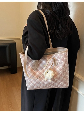 Women Large Capacity PU Leather Plaid Tote Bag Commuting Shoulder Bag With Plush Monster Pendant Fashion Casual Handbag