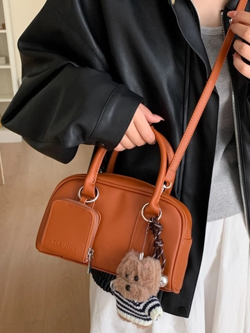Women Retro PU Leather Boston Pillow Bag Small Crossbody Handbag With Detachable Bear Charm And Mini Pouch Fashion Shoulder Bag