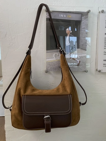 Sac Hobo Femme Vintage Grande Capacité Rétro en Cuir PU Patchwork Sac à Épaule Fonctionnel Multi Poche Navetteur Tote