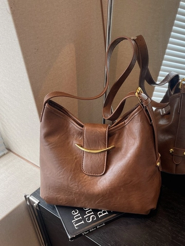 Bolso de Hombro Tote para Mujer en Cuero PU Retro Gran Capacidad Hebilla de Metal de Media Luna Color Sólido Bolso Bandolera