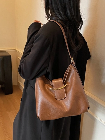 Bolso de Hombro Tote para Mujer en Cuero PU Retro Gran Capacidad Hebilla de Metal de Media Luna Color Sólido Bolso Bandolera