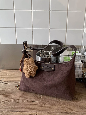 Vintage Matte PU Leather Hobo Bag For Women Large Capacity Casual Shoulder Crossbody Bag With Plush Bear Charm Decor