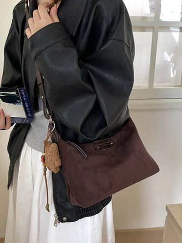 Vintage Matte PU Leather Hobo Bag For Women Large Capacity Casual Shoulder Crossbody Bag With Plush Bear Charm Decor
