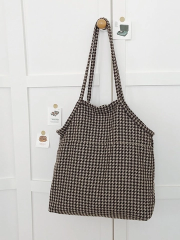 Große Kapazität Hahnentritt Tote Bag Für Damen Nylon Gewebt Umhängetasche Lässig Täglich Arbeit Schule Pendeln Shopper Tasche