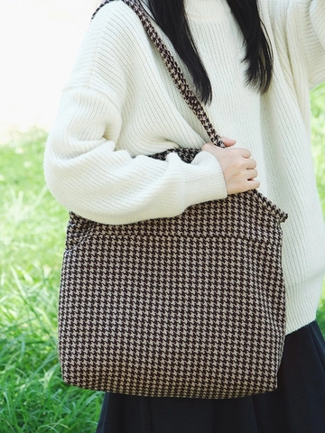 Große Kapazität Hahnentritt Tote Bag Für Damen Nylon Gewebt Umhängetasche Lässig Täglich Arbeit Schule Pendeln Shopper Tasche