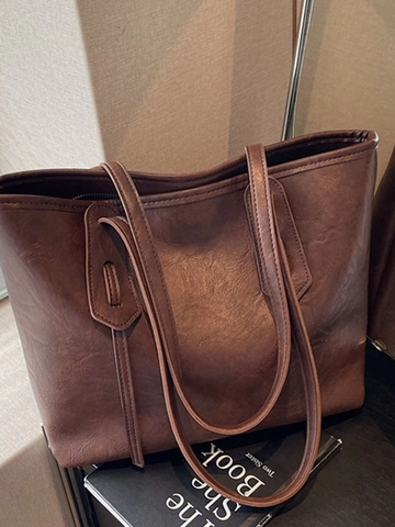 Large Capacity Women Retro PU Leather Tote Bag Minimalist Solid Color Shoulder Bag For Commuting Versatile Casual Handbag
