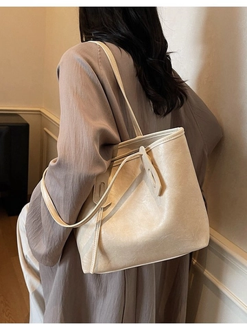 Large Capacity Women Retro PU Leather Tote Bag Minimalist Solid Color Shoulder Bag For Commuting Versatile Casual Handbag