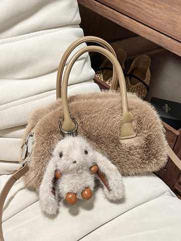 Women Faux Fur Plush Boston Bag Fuzzy Crossbody Handbag With Rabbit Pendant Winter Fashion Versatile Small Pillow Bag