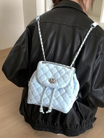 Zaino Mini Trapuntato da Donna in Pelle PU con Tracolla a Catena Decorazione di Perle Piccola Borsa da Scuola Zaino Elegante con Coulisse