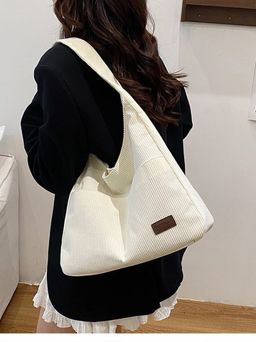 Women Corduroy Large Capacity Shoulder Tote Bag Retro Minimalist Casual Commuter Hobo Bag For Daily Use Solid Color
