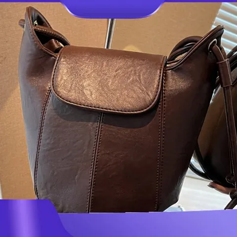 Vintage Minimalist PU Leather Bucket Bag For Women Fashion Crossbody Shoulder Bag With Flap Drawstring Commuter Solid Color Handbag