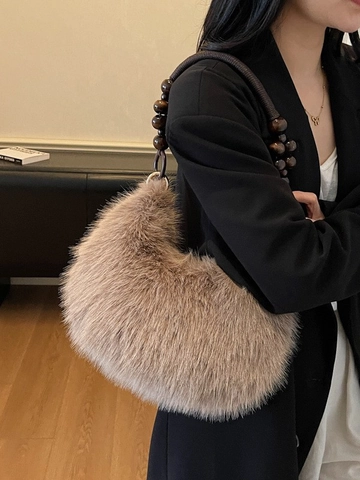 Women Faux Fur Plush Underarm Bag With Wood Bead Strap Autumn Winter Soft Shaggy Hobo Shoulder Bag Large Capacity Handbag