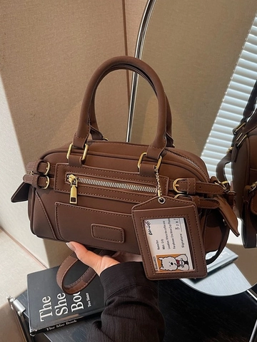 Vintage Sophisticated Boston Handbag For Women Retro PU Leather Large Capacity Pillow Crossbody Shoulder Bag With Card Holder Charm