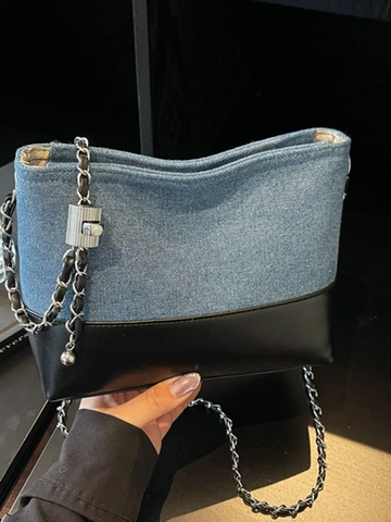 Damen Denim Leder Patchwork Umhängetasche Eimer Stil Retro Kette Schultertasche Mit Metallschloss Detail Mode Henkeltasche