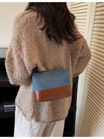Damen Denim Leder Patchwork Umhängetasche Eimer Stil Retro Kette Schultertasche Mit Metallschloss Detail Mode Henkeltasche