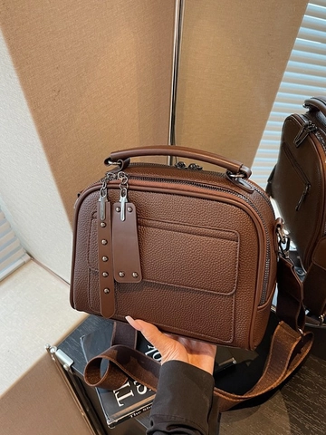Borsa a Tracolla da Donna Vintage in Pelle PU Grana Litchi Borsa a Spalla Quadrata Tracolla Larga Doppia Cerniera