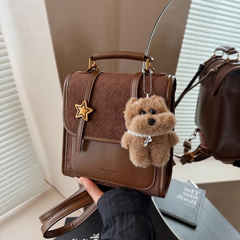 Vintage Wildleder PU Leder Patchwork Mini Rucksack Damen Gesteppt Stern Schnalle Schule Tasche Mit Plüsch Hund Anhänger Klein Reise Tasche