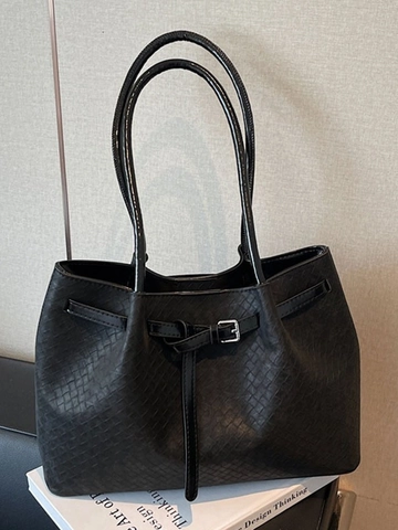 Vintage Women PU Leather Woven Texture Tote Bag Large Capacity Shoulder Bag Casual Commuter Handbag Solid Color Fashion Bag