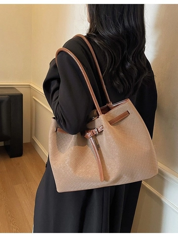 Vintage Women PU Leather Woven Texture Tote Bag Large Capacity Shoulder Bag Casual Commuter Handbag Solid Color Fashion Bag