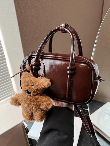 Borsa da Bowling Retrò in Pelle PU Lucida da Donna Borsa a Mano Boston Vintage Con Charm Orsetto Tracolla Versatile