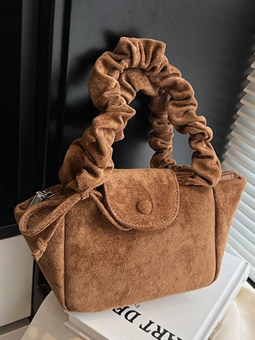 Bolso de Cubo de Gamuza Vintage para Mujer Asa Plisada Bolso de Hombro Cruzado Moda Textura Mate Bolso de Mano Grande