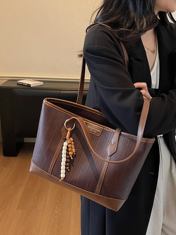 Bolso Tote de Mujer Tejido Vintage Gran Capacidad Cuero de PU Bolso de Hombro Con Colgante de Cuentas Para Oficina Diario