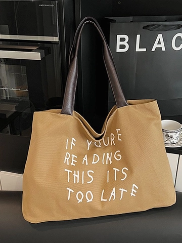 Bolso Tote de Lona de Gran Capacidad para Mujer Bolso de Hombro Casual Con Asa de PU en Contraste Estampado de Letras para Estudiantes