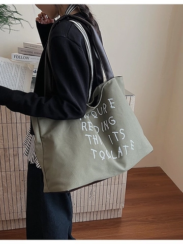 Bolso Tote de Lona de Gran Capacidad para Mujer Bolso de Hombro Casual Con Asa de PU en Contraste Estampado de Letras para Estudiantes