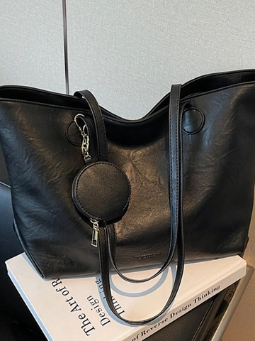 Women Large Capacity PU Leather Tote Bag Retro Minimalist Shoulder Bag With Round Coin Purse Pendant For Daily Commuting Office