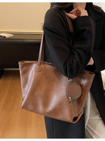Women Large Capacity PU Leather Tote Bag Retro Minimalist Shoulder Bag With Round Coin Purse Pendant For Daily Commuting Office