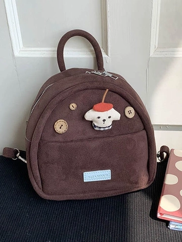 Mini Zaino Retrò da Donna Moda in Pelle PU Texture Velluto a Coste Simpatico Cane Patch Borsa da Scuola Viaggio