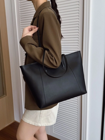 Large Capacity PU Leather Tote Bag For Women Casual Minimalist Commuter Shoulder Bag Solid Color Underarm Bag Stitching Handbag