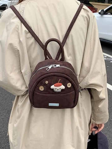 Mini Zaino Retrò da Donna Moda in Pelle PU Texture Velluto a Coste Simpatico Cane Patch Borsa da Scuola Viaggio