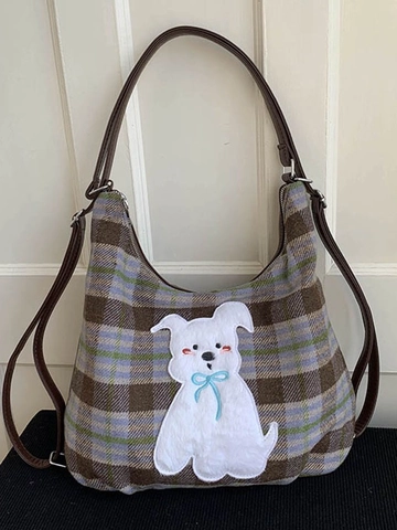 Women Vintage Plaid PU Backpack Fashion Cartoon Dog Patchwork Shoulder Bag Large Capacity Multi-functional Crossbody Bag