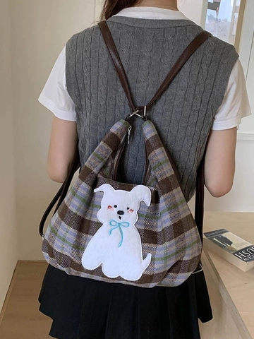 Women Vintage Plaid PU Backpack Fashion Cartoon Dog Patchwork Shoulder Bag Large Capacity Multi-functional Crossbody Bag