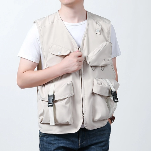 Men Utility Workwear Vest Multi Pocket Outdoor Fishing Waistcoat Lightweight Polyester V Neck Sleeveless Top For Hiking Photography Travel Casual Jacket