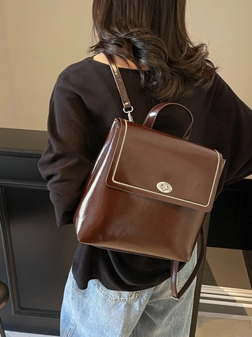 Damen Mode PU Leder Rucksack Große Kapazität Einfach Vielseitig Student Schultasche Lässig Pendeln Klappenrucksack Mit Drehverschluss Verzierung