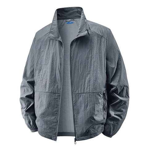 Men Sun Protection Jacket Nylon Breathable Stand Collar Solid Color Casual Outdoor Fishing Windbreaker Top Thin Coat