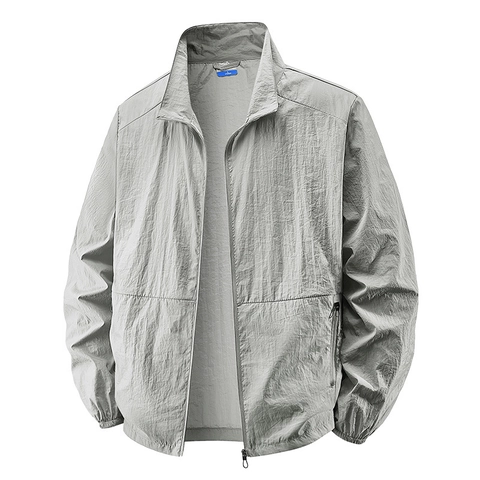 Men Sun Protection Jacket Nylon Breathable Stand Collar Solid Color Casual Outdoor Fishing Windbreaker Top Thin Coat