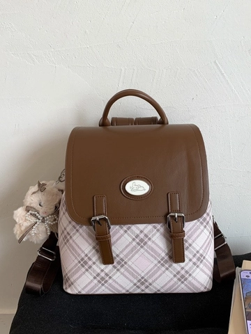 Women Retro Plaid Backpack Preppy Style Large Capacity PU Leather School Bag Vintage Color Block Travel Commute Bookbag