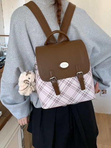 Women Retro Plaid Backpack Preppy Style Large Capacity PU Leather School Bag Vintage Color Block Travel Commute Bookbag