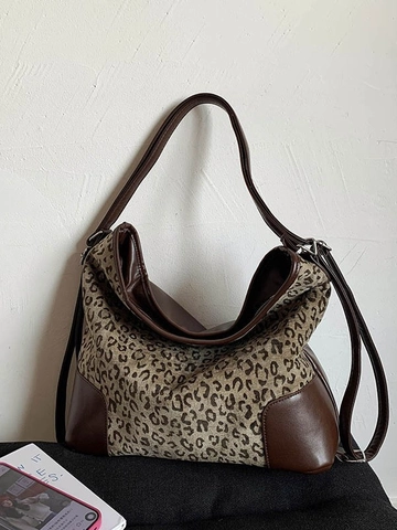 Large Capacity Leopard Print Hobo Bag For Women PU Leather Splicing Tote Bag Casual Shoulder Backpack Travel Fashion Handbag