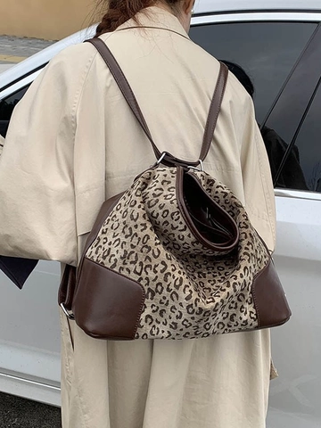 Large Capacity Leopard Print Hobo Bag For Women PU Leather Splicing Tote Bag Casual Shoulder Backpack Travel Fashion Handbag