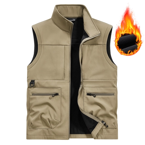 Chaleco Softshell para Hombre con Multibolsillos Forro Polar a Prueba de Viento Cuello Alzado Chaqueta sin Mangas de Pesca