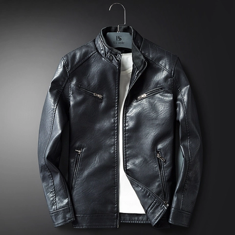 Men's Casual Stand Collar PU Leather Jacket Slim Fit Fleece Lined Winter Motorcycle Coat Warm Quilted Biker Outwear