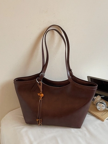 Sac Tote en Cuir PU pour Femmes Grande Capacité Minimaliste Plissé Sac à Épaule Avec Pendentif Gland en Bois Vintage Sac à Main Travail Décontracté