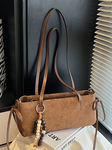 Sac Sous le Bras en Suédine Vintage Pour Femmes Grande Capacité Sac à Épaule Couleur Unie Sac à Main Navette Avec Pendentif