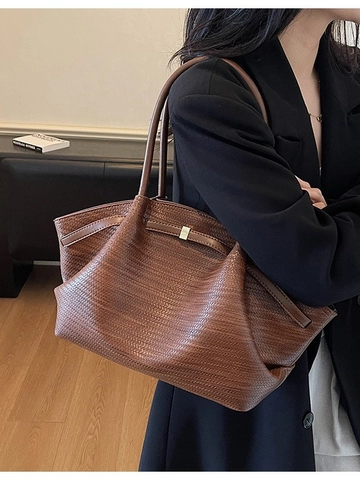 Minimalistische Gewebte PU Leder Tote Bag Für Damen Große Kapazität Schultertasche Mit Metallschnalle Vielseitige Casual Handtasche