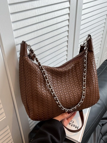 Large Capacity Woven Crossbody Bag For Women Vintage PU Leather Shoulder Hobo Bag With Chain Strap Solid Color Dumpling Bag